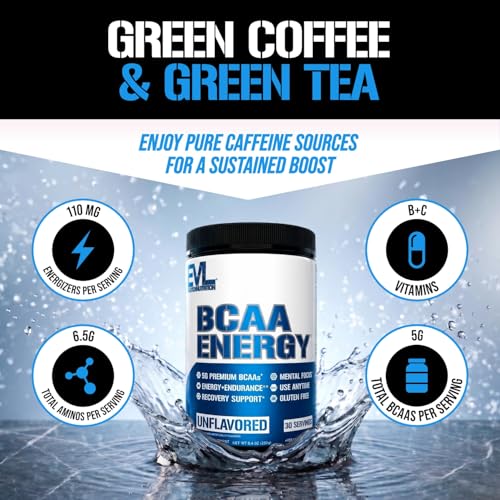 Image of EVL BCAAs Amino Acids Powder - Rehydrating BCAA Powder Post Workout Recovery Drink with Natural Caffeine - BCAA Energy Pre Workout Powder for Muscle Recovery Lean Growth and Endurance - Unflavored