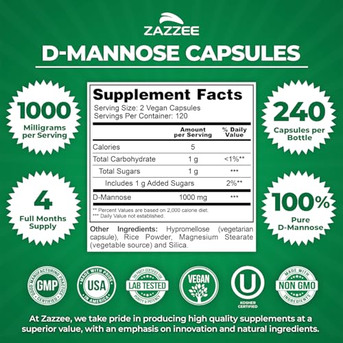 Image of Zazzee D-Mannose, 1000 mg per Serving, 240 Vegan Capsules, 4 Month Supply, Potent & Fast-Acting, Certified Kosher, 100% Pure, All-Natural Urinary Tract Health Support, 100% Vegetarian, Non-GMO