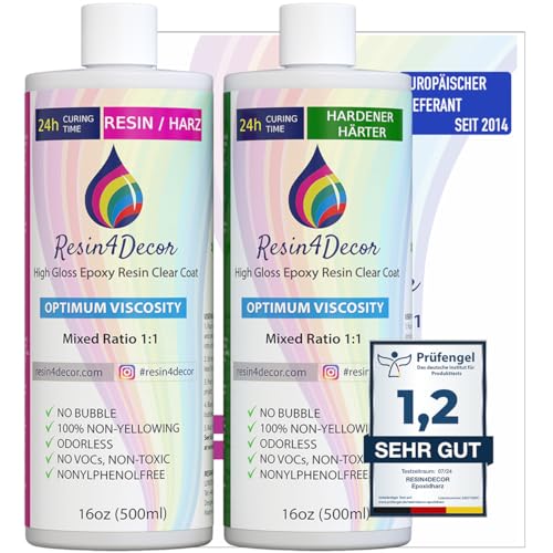 RESIN4DECOR 1000ml Epoxidharz Set [Kristallklarer 1:1 Gießharz-Klebstoff] Für Kunsthandwerk Schmuck & Formenbau (Geruchlos Vergilbungsfrei Ungiftig) Resin Laminierharz mit 24h Aushärtungszeit