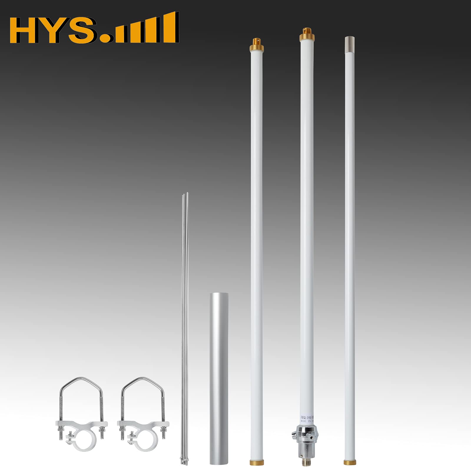 HYS Antenne extérieure 5,5/8,5 dpi double bande 2,2 m pré-réglée 144 Mhz/430 Mhz très résistante en fibre de verre 200 W avec connecteur UHF femelle (SO239)
