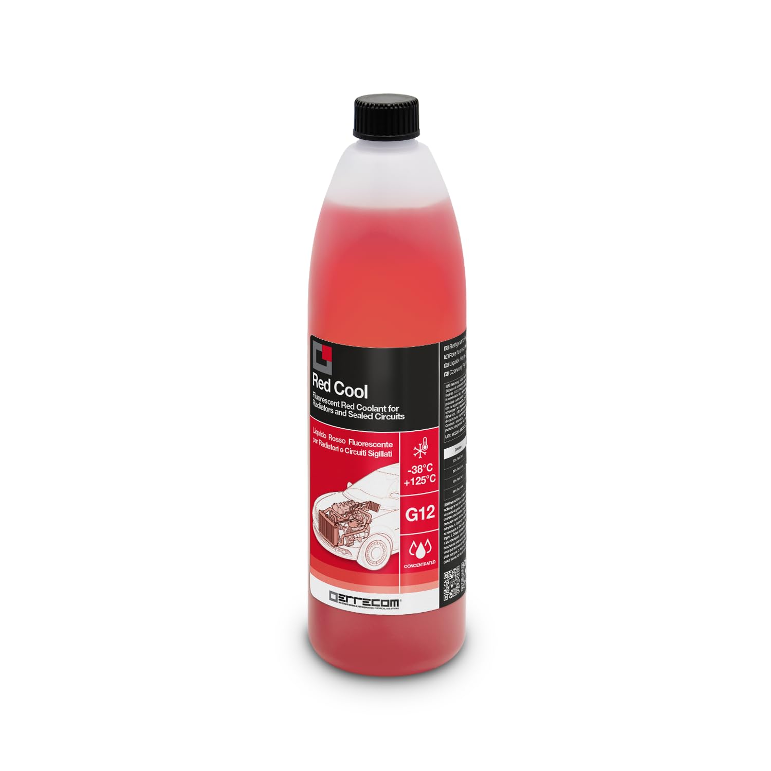 ERRECOM Red Cool, Red Coolant and Antifreeze Concentrate, Fluorescent Formulation with organic-based OAT inhibitor package, G12, 1 Litre