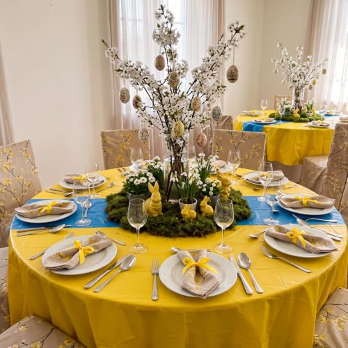 Image of Remagr 12 Pcs Round Plastic Tablecloth 84 Inch Disposable Tablecloth Party Table Cover for Graduation Wedding Birthday Retirement Decoration (Yellow,Blue)