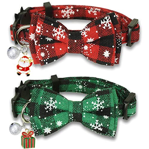 Christmas Cat Collar with Bow Tie and Bell 2 Pack Holiday Breakaway Kitty Kitten Collar for Girls Boys Male Female Cats