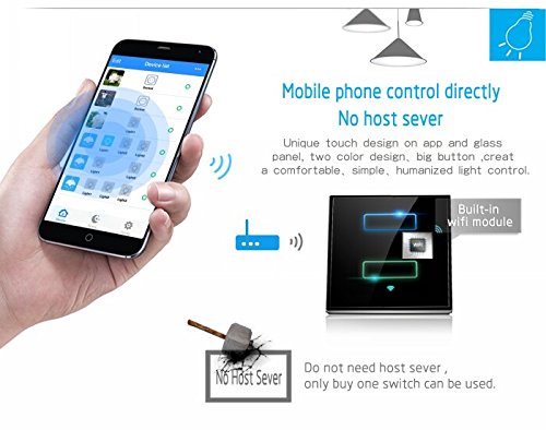 A hand holding a smartphone displaying a smart home control app with various device icons and controls, indicating direct mobile control without a host server.