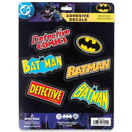 Image of DC Comics Batman Logos Adhesive Vinyl Decals - Nostalgic Set of Batman Stickers for Car, Water Bottle or Laptop, 1 Pack (6 Count)