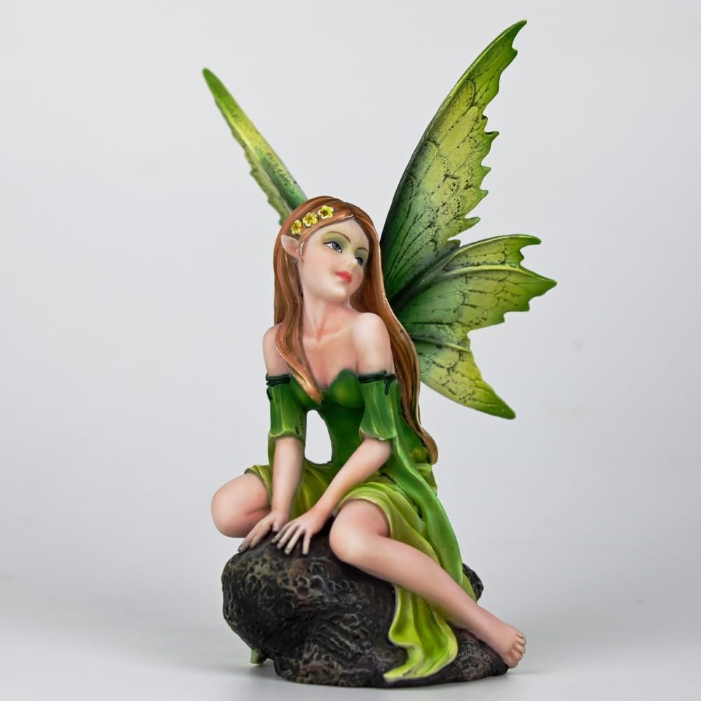Fantasy Forest Green Fairy Figurine - Gradient Leaf Wings Elf Statue, Hand-Painted Resin Decor for Natural Garden, Desk & Shelf (15.5cm)