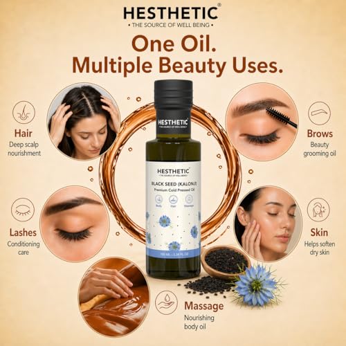 Image of HESTHETIC Cold Pressed Black Seed Oil 100ml for Hair, Skin & Scalp | Pure Kalonji (Nigella Sativa) Beauty Oil - Thymoquinone Rich | Glass Bottle | Pre-Wash Ritual & Facial Massage Use