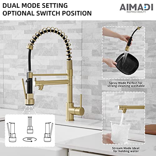 Image of Brushed Gold Kitchen Faucet with Pull Down Sprayer, AIMADI Commercial Gold Kitchen Sink Faucet Single Handle Spring Two Nozzles Faucets