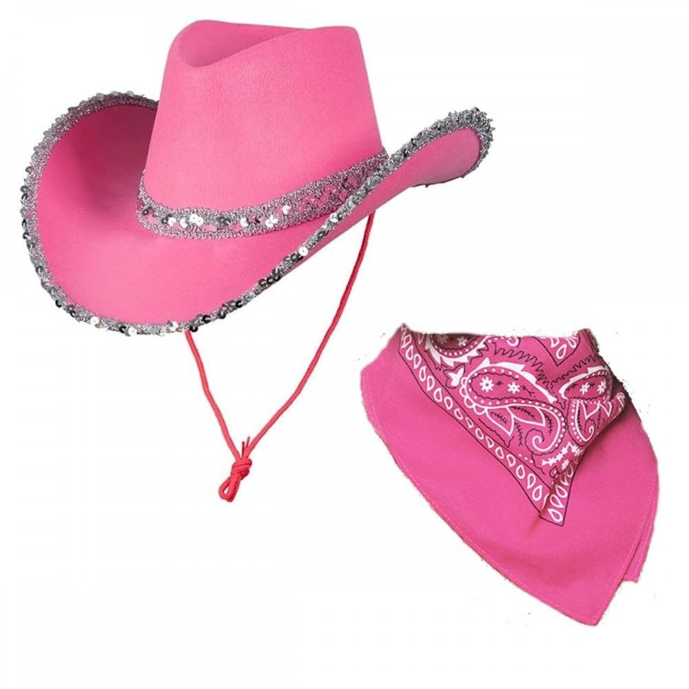 Titch & Timbo Texan Sequin Cowgirl Hat + Bandana Set : Adult Womens Western Cowboy Wild West Hen Night Rodeo Barn Dance Music Festival Pop Tour Fancy Dress Accessory (Hot Pink)