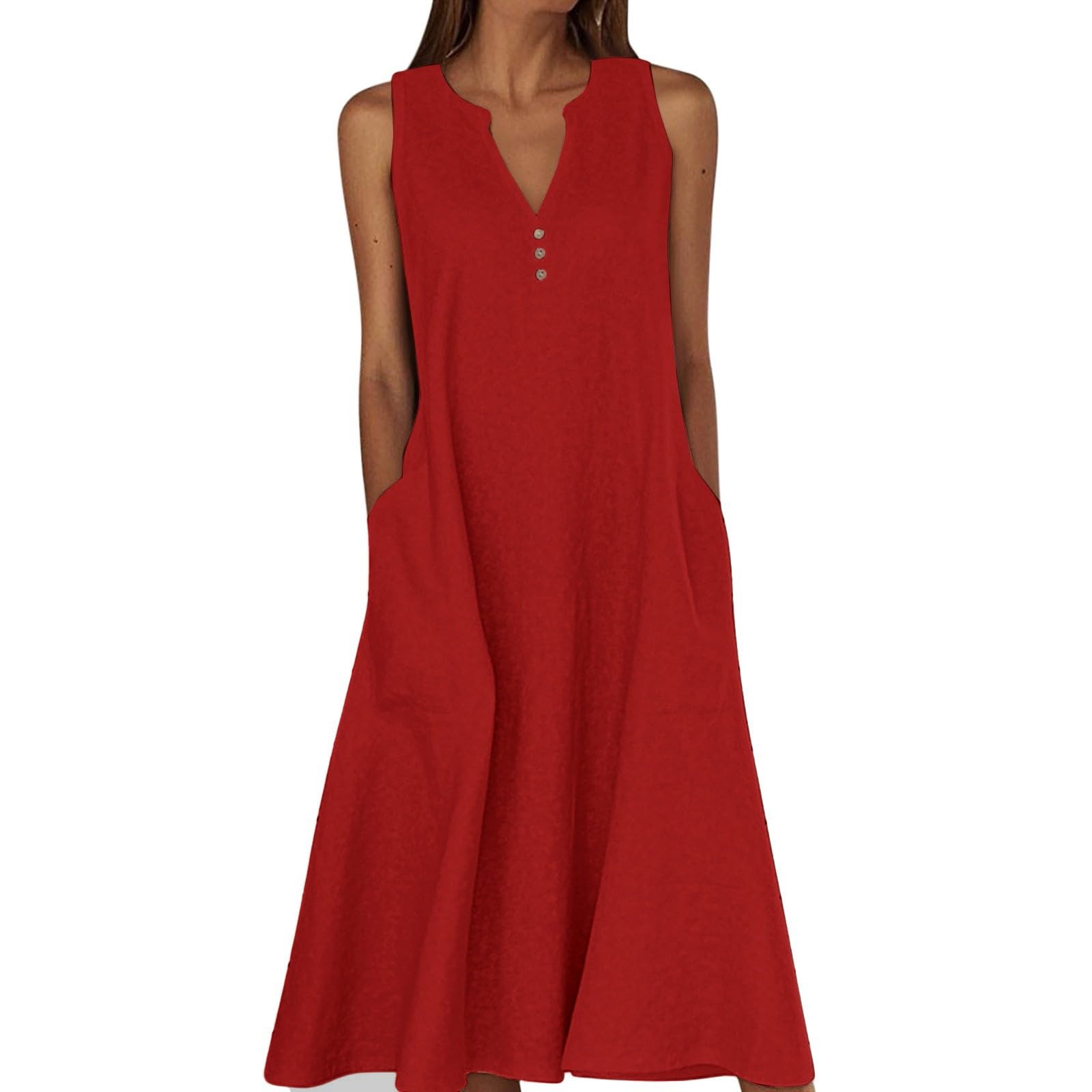 Angxiwan Long Dresses for Women UK Summer Dresses for Women UK Beach Loose Fit Sleeveless Linen Sundresses with Pockets Plus Size V-Neck A Line Maxi Summer Dress Cotton