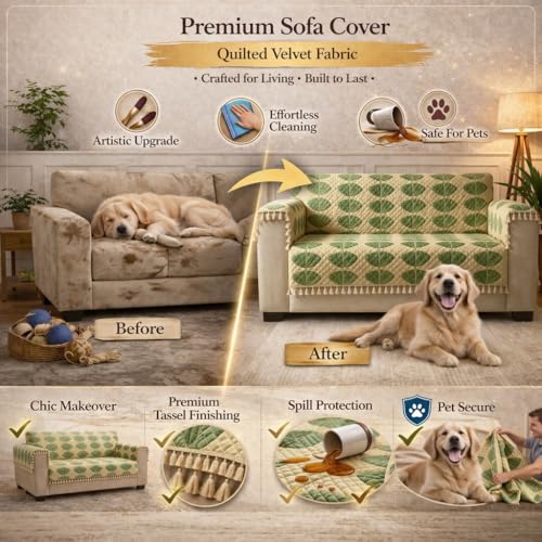 Image of STITCHNEST Quilted Velvet Sofa Cover with Tassels - 24x60 Inch, Multicolor Pastel Geometric Design, Soft & Luxurious, Washable Sofa Protector for 1-Seater