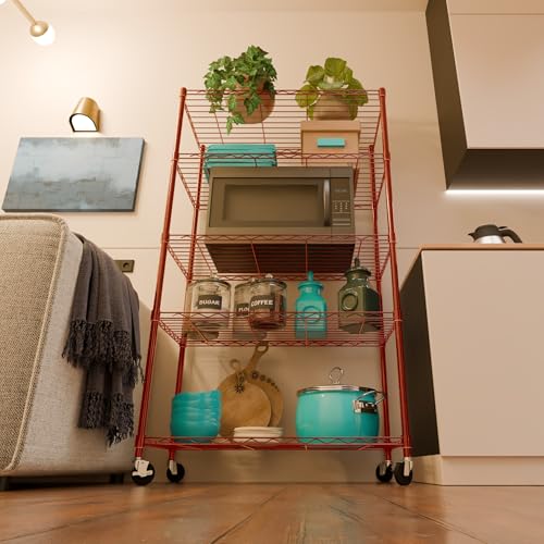 Image of 5-Shelves Wheels Heavy Duty Steel Storage Rack | Multipurpose Shelving Unit for Kitchen, Home & Utility