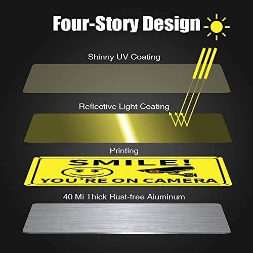 4-Pack Private Property No Trespassing Sign, No Trespassing Aluminum Warning Sign, Video Surveillance Signs Outdoor, Security Camera Sign for Home, Residential, Business, Warehouse, Driveway Alert, CCTV, Rust Free Aluminum 10 x 7 in (Pale Yellow)