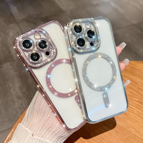 Image of Cute Compatible with iPhone 15 Diamond Glitter Case,Luxury Bling Rhinestone Soft Clear TPU Bumper Case,Compatible with MagSfe and Camera Lens Protection Cover for Women Girls (Blue)