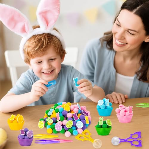 Image of EZdhuawuse Summer Sensory Bin Fillers Toys for Kids - 268 Summer Egg Bunny Fine Motor Toys Birthday Gift, Counting Sorting Toys with Felt Egg Rabbit Pom Pom Cup Clips, Preschool Learning Activitie
