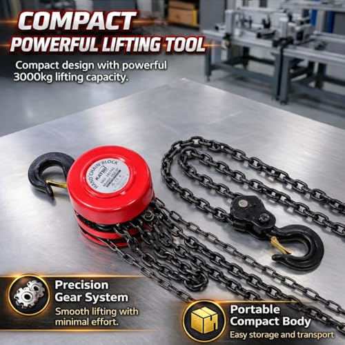 KATSU Kettenzug 3000kg 3m Hubhöhe, Robuste Haken mit Sicherheitsbügel, Kettenblock, Garage Automotor Schwerlast-Hebewerkzeug 181743