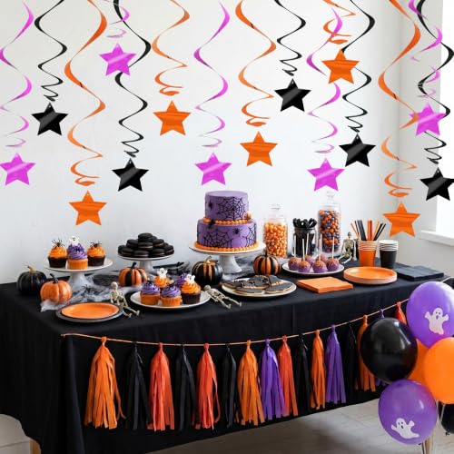 Image of BEISHID Black Purple Orange Stars Hanging Swirls Pre-Strung Hallowen Hanging Decorations for Halloween Birthday Party Baby Shower Decorations Supplies,Pack of 15