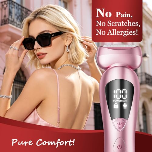 Image of Cordless Electric Razors for Women: Rechargeable Painless Bikini Trimmer for Body Hair - IPX7 Waterproof Shaver with LED Display for Face /Underarm /Leg Soft Pink