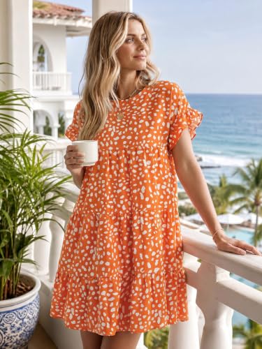 Image of Chuanqi Womens Ruffles Boho Floral Printed Babydoll Loose Swing Casual Short Mini T-Shirt Dress