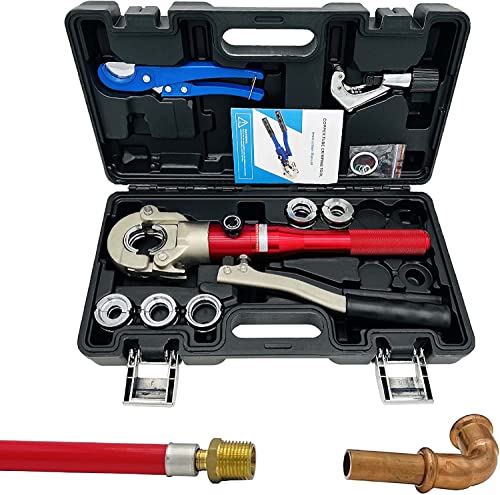 Hydraulic Copper Pipe Tube Fittings Crimping Tool with 1/2,3/4 and 1-inch Dies for ProPress Copper Pipe Fitting and 1/2,3/4 and 1-inch Dies for F877 Stainless PEX Press Sleeves, with 2pcs Pipe Cutter