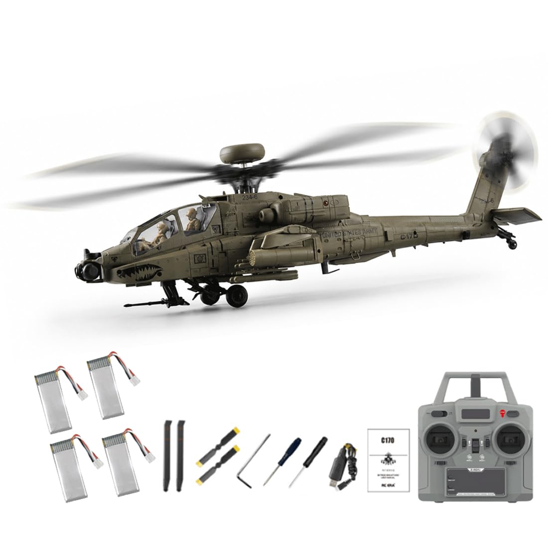 NULA RC-ERA C170 AH-64D 6CH RC Helicopter 1/48 Flybarless Military Aircraft With Optical Flow Positioning,Altitude Hold,Brushless Motor,One-Key Inverted Flight-Army Green/4 Battery
