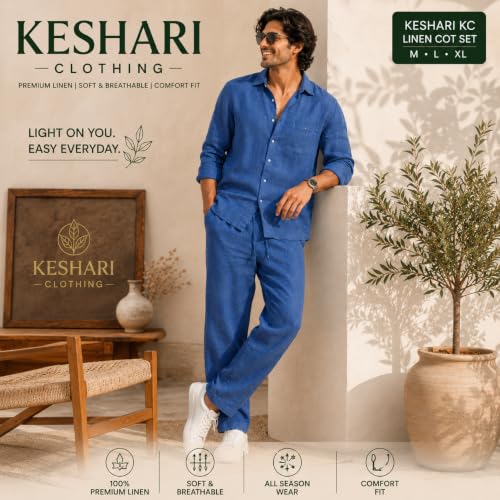 Image of Men's Premium Linen Co-Ord Set | Regular Fit Full Sleeve Solid Shirt with Drawstring Trouser | Breathable Linen Casual Outfit for Summer, Travel, Beach, Vacation & Daily