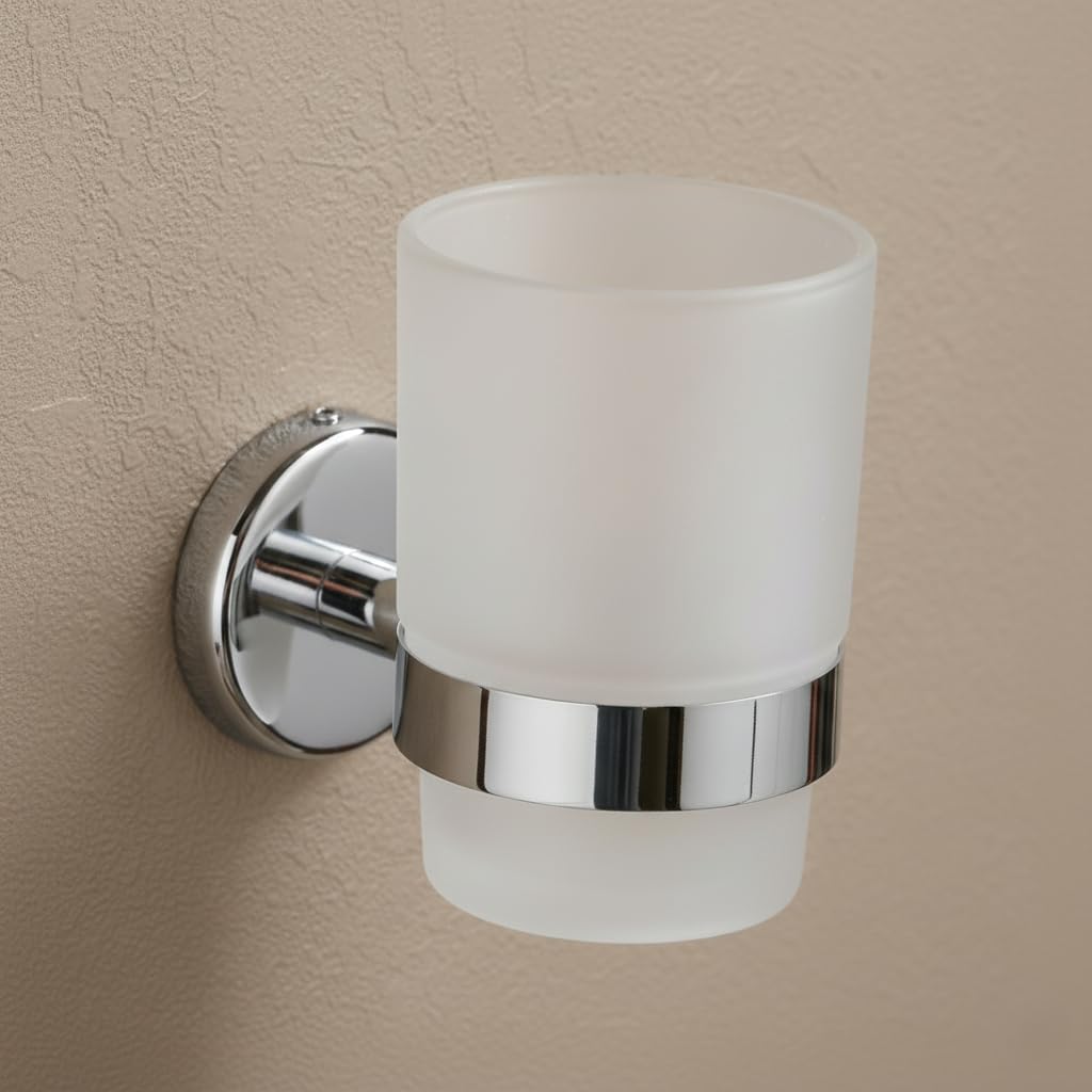 EASYHOME FURNISH Premium 304 Stainless Steel Wall Mounted Toothbrush Holder with Frosted Glass Tumbler | Rustproof Bathroom Organizer, Toothpaste & Brush Storage, Chrome Finish