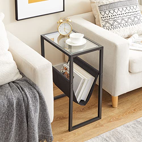 Hoobro Narrow Side Table, Tempered Glass End Table With Fabric Magazine Sling, Small Coffee Accent Table, Bedside Table For Small Space, Bedroom, Living Room, Modern Style, Black Bk66Bz01 #TOP7