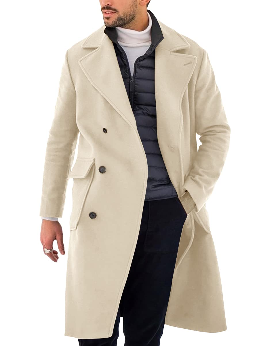 pretifeel Mens Trench Coat Slim Fit Double Breasted Long Overcoat Classic Fall Winter Topcoat-picture-19
