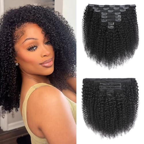 MAHKOTAKU Afro Kinky Curly Clip Ins Human Hair 4C Hair Clip in Extensions Real Natural Human Hair for Black Women 8 pecs with 20 Clips 120g Natural Black Color (12 Inch 1B)