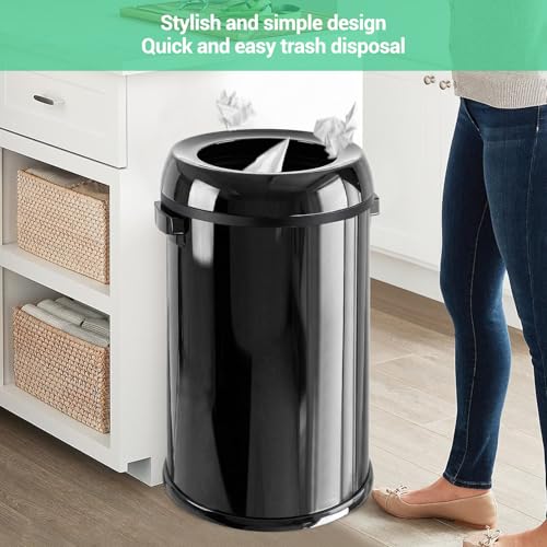 Image of Garvee 17 Gal /65 L Round Trash Can, Stainless Steel Open Top Garbage Can for Kitchen, Heavy Duty Commercial Trash Bin for Restaurant Home Office, Gloss Black | Stainless Steel Swing Top Garbage Can, Large Capacity Waste Bin for Kitchen Restaurant Home Office, Gloss Black