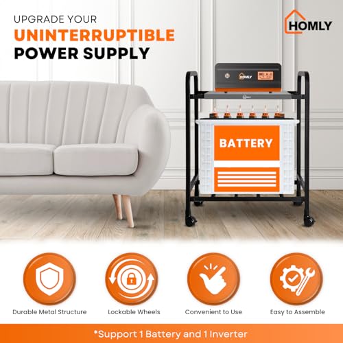 Image of Homly Uni Base Inverter Battery UPS Trolley Stand | Inventer Cabinent Box with 360 Rotating Lockable Wheels, Rust Resistant Inverter Stand | Supports 1 Inverter & 1 Battery Upto 100 kg - Black & Grey