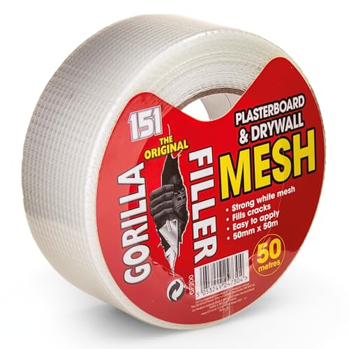 Gorilla Filler Plasterboard & Drywall Mesh Tape | Fills Cracks - Easy to Apply (Self Adhesive) | 50mm x 50m (White 50m)