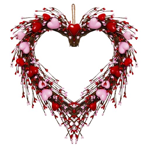 Valentines Day Wreath Decor,14 Inches Artificial Red Pink Berries and Small Pink Hearts,Valentines Wreaths for Front Door Home Indoor,Wedding Anniversary Party