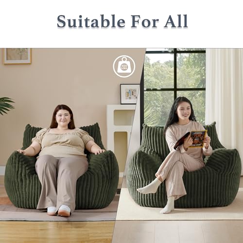 Giant Plush Bean Bag Chair for Adults with Armrests - Oversized Comfy Green Beanbag Lounge Lazy Floor Sofa Accent Chair for Living Room, Bedroom & Dorm, Cozy Fluffy Single Cloud Mini Couch