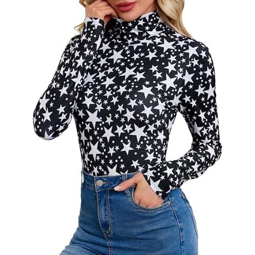 Totatuit Women's Turtleneck Long Sleeve Shirts Lightweight Fall Fashion Basic Thermal Underwear Tops Winter Clothes 2025 White Star Small