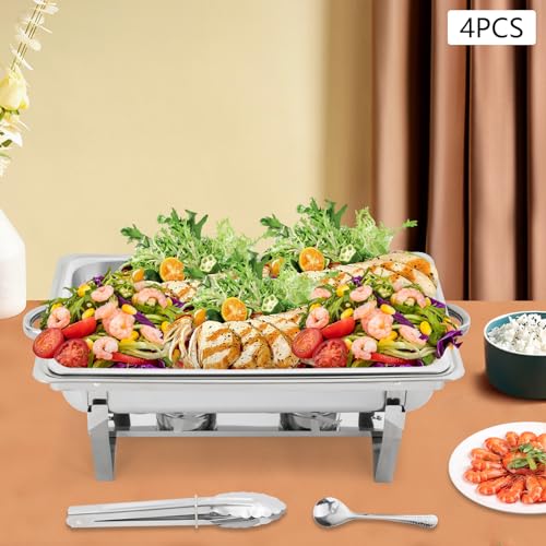 4pcs Edelstahl Chafing Dish, 9L Speisenwärmer Warmhaltebehälter mit Deckel & 2 Brennstoffhalterungen, Buffetwärmer Wärmebehälter für Speisen, Lebensmittelwärmer für Buffet, Catering, Party, 62*34*31cm – Bild 4