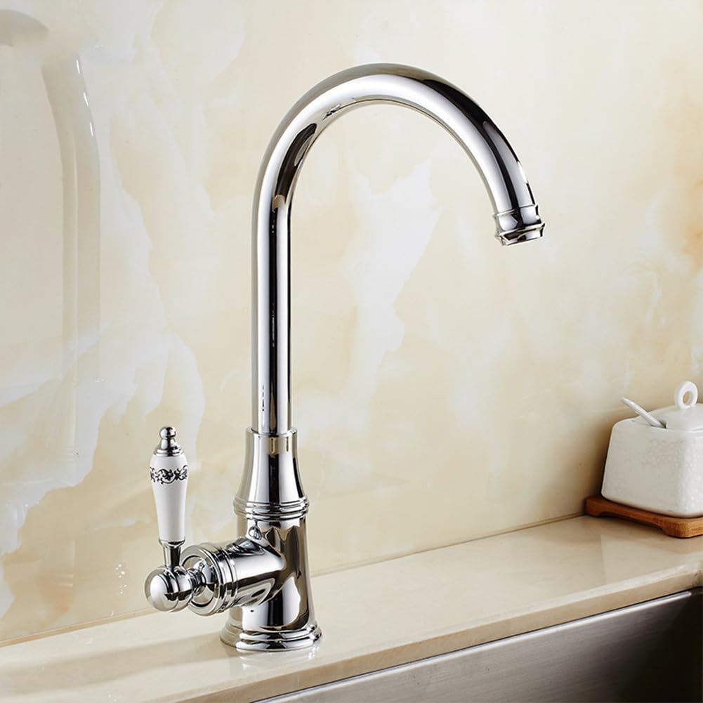 Wasserhahn Küche - Küchenarmatur Retro Antik Stil Messing Einhebel 360° Schwenkbar Spültischarmatur Mischbatterie, Hoher Auslauf Armatur Küche, Chrom, Silber