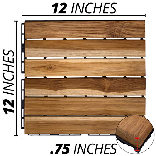 Mammoth Sustainably Sourced Solid Teak Wood Tools Free Assembly Interlocking Deck Tiles, Water Resistant Outdoor Patio Pavers or Composite Decking Flooring, Pack of 11 (11 SQFT) (Stripe)