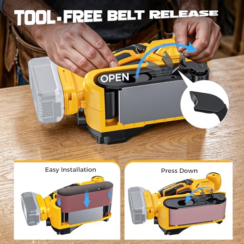 Image of Ecarke Cordless Belt Sander Compatible with DeWalt 20V Battery (Tool Only) 3x18 inch Bench Sander with Variable Speed (120-380 m /min), with Dust Bag & 3 Sanding Belts(80 /120 /320 Grit) for Woodworking
