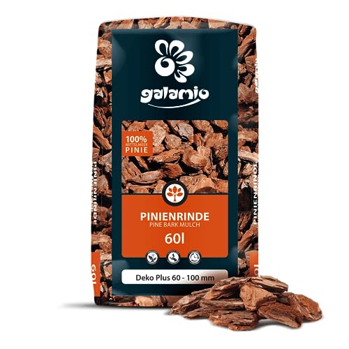 GALAMIO Pinienrinde Deko Plus 60-100mm 60L Sack Pinienmulch Rindenmulch | Naturbelassener Rindenmulch aus südeuropäischer Mittelmeerkiefer extra grobe XXL-Körnung für Wege & Flächen