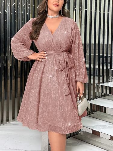 Image of RED DOT BOUTIQUE 876 - Plus Size Elegant Sheer Sleeve Dress with Waist Sparkle Chiffon Mesh Cocktail Dress