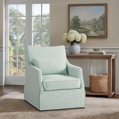 Martha Stewart 360° Mint Swivel Chair, Modern Classic Skirted Armchair with Soft Removable Seat Cushions and Lumbar Pillow, Rust Resistant Metal Swivel Base, for Living Room, Bedroom
