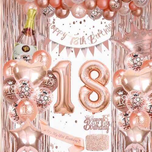 Omrel Rose Gold 18th Birthday Decoration for Girls - Happy 18th Birthday Banner For Girls Triangle Flag Banner Number 18th Birthday Balloons Foil Curtains for Party Decorations