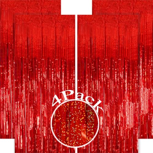 Slmeno 4 Pack Red Tinsel Foil Fringe Curtains Backdrop, Red Metallic Fringe Backdrop Curtains Glitter Party Streamers, for Birthday Valentines New Year Holiday Party Decorations
