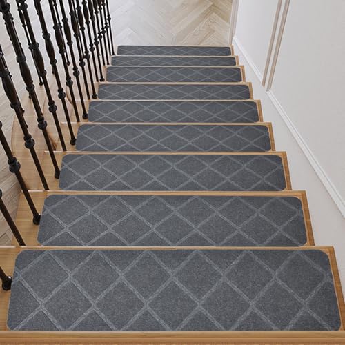 15 PCS Stair Tread Pads Non-Slip Wooden Step Protectors - 20 x 76cm Stair Carpet Treads Reusable Stair Runner Rugs Carpet Covers for Indoor, Wooden Steps, Home, Pets, Kids & Elders (Dark Gray)