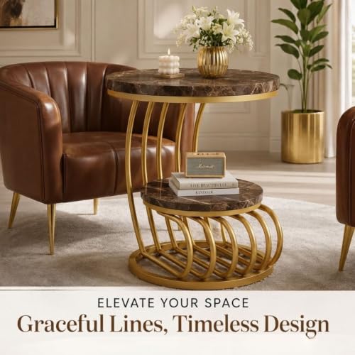 Image of Modern Double-Top Coffee Table with Rustic Farmhouse Accent, Multipurpose Living Room Bedroom, Two-Tier Small Sofa Side Bedside Table with Metal Frame Nightstand (Brown Gold Mg)
