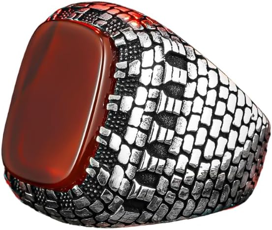 Castle Wall Men's Ring,925 Sterling Silver Ring,Red Agate Stone Men's Ring,Red Stone Men's Ring