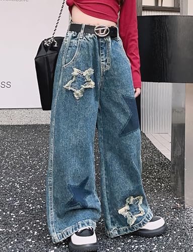 SEAUR Girls Jeans Elastic Waist Baggy Denim Pants Pentagram Washed Cargo Wide Leg Trousers Jeans2