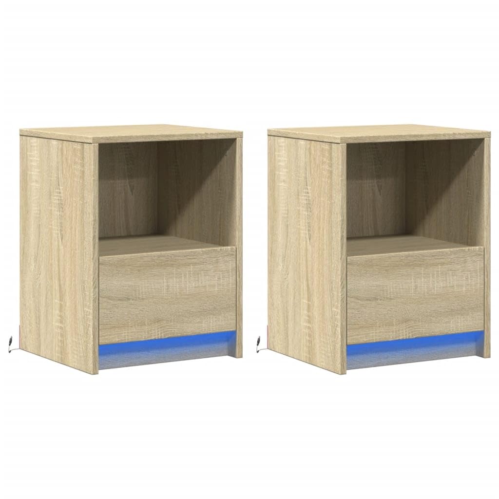 Juego de 2 mesitas de noche con iluminación LED, madera de roble Sonoma, 38 x 34 x 50 cm, mesa auxiliar versátil para dormitorio y salón